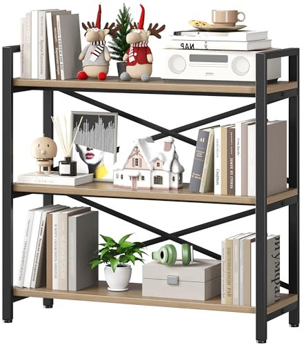 Homeiju 3 Tier Bookshelf 31.49 Width, Wood and Metal Etagere Bookcase, Vintage Farmhouse Modern Wooden Big Book Shelf for Home Living Room Bedroom Office Storage(Light Coffee)
