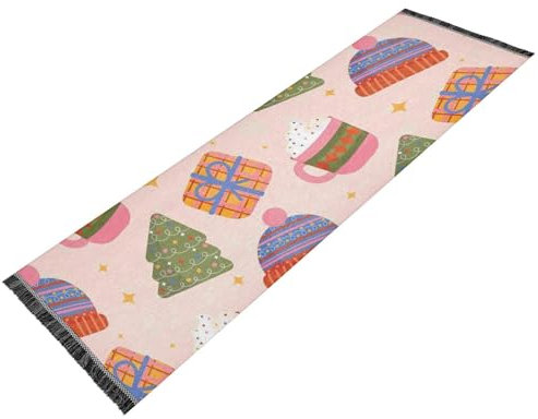 Schlafzimmerläufer, waschbar, rutschfest, Küchenläufer, Teppich, Quaste, Eingangsmatte für Innenbereich, Schlafzimmer, Küche, Heimdekoration, grüner Weihnachtsbaum, Kaffee