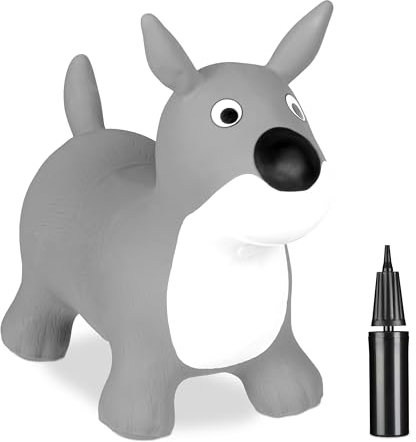 Relaxdays Hüpftier Hund, Springtier, bis 50 kg, BPA frei, für Kinder ab 3 Jahren, inklusive Luftpumpe, Hopser, grau/weiß