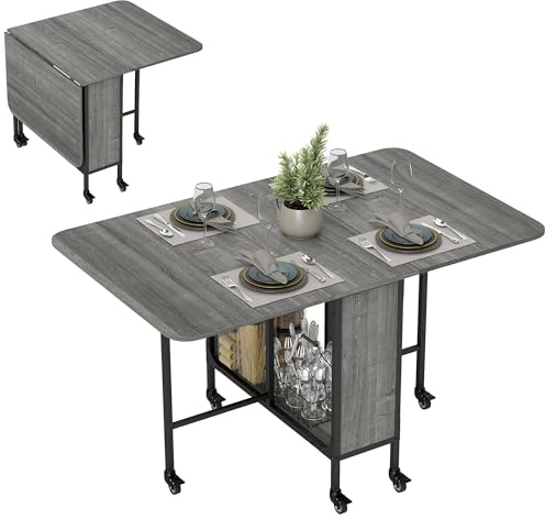HOMCOM - Table à Manger Pliante sur roulettes, 130 x 80 x 74 cm, Gris