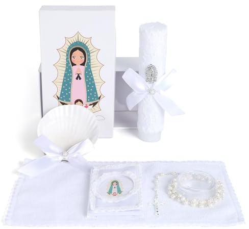 Baptism Candle Set for Boys and Girls,5 PCS Baptism Kit Virgen De Guadalupe Catholic Candle,Towel,Shell,Rosary,Bible for Baptismal Christening First Communion Gifts,Velas para Bautizo De Niño Niña