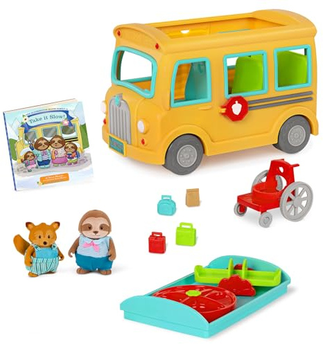 Li'l Woodzeez Woodland Play Bus School Bus Playset with Figures, Vehicles | Includes toy school bus, 2 animal figures, wheelchair, play mat, storybook, and accessories for pretend play, 3+ Years