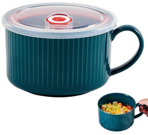 Tasse de Soupe Micro-ondes Portable avec Couvercle, Bol en Céramique avec Poignées pour Céréales et Nouilles Instantanées