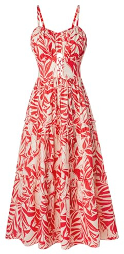 Sommer Blumenkleid Damen Strand Sommerkleid Ärmellos Swing Schöne Kleider Strandkleid Urlaub Cocktailkleid Beige Rot Blume L-10