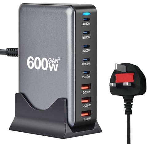USB C Charger Hub 600W:8 Port GAN III USB-C Charging Station with 5 USBC and 3 USB A Port Multi Charger,Support PD140W,100W,30W Compatible with MacBook Pro/Air,Steam,iPh0ne 16/15/14,Galaxy