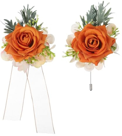 sourcing map Ensemble de corsage et boutonnières oranges avec fleurs artificielles pour mariage, mariée, marié, cérémonie, anniversaire, bal de fin d'année, fête