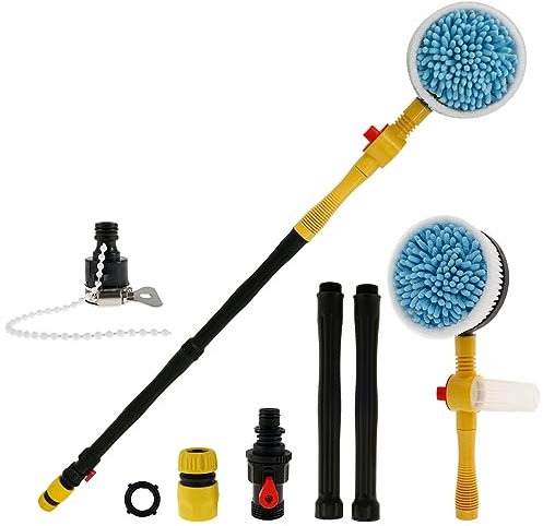 Car Wash Brush Kit Auto Rotating Car Cleaning Brush With Soap Dispenser and 360° Spin Head Long Handle Chenille Car Washing Brush Pressure Washer Gun With Hose Attachment for Cars Yards Gardens Pets