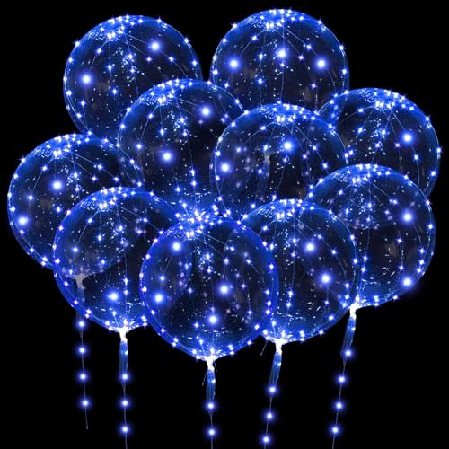 OSDUE Globos Iluminados, 10 Paquetes Luminoso Transparente Globo, 20 Pulgadas Globos LED BOBO con 3M Cadena de Luces, para Cumpleaños, Navidad, día de San Valentín, Boda (Azul)