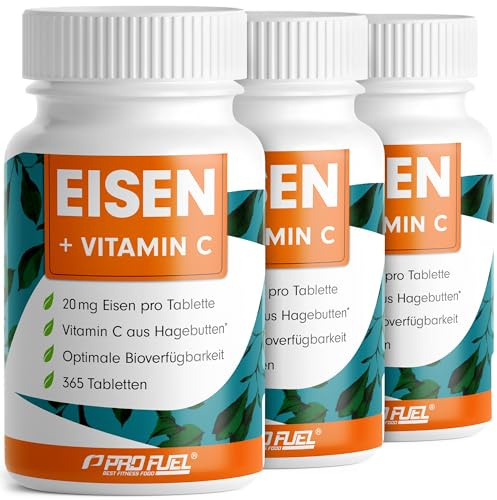 Eisentabletten hochdosiert 1095x mit 20 mg Eisen + Vitamin C (20mg) aus Hagebutten - bioverfügbares Eisenbisglycinat + natürliches Vitamin C aus Hagebutten-Extrakt - laborgeprüft mit Zertifikat