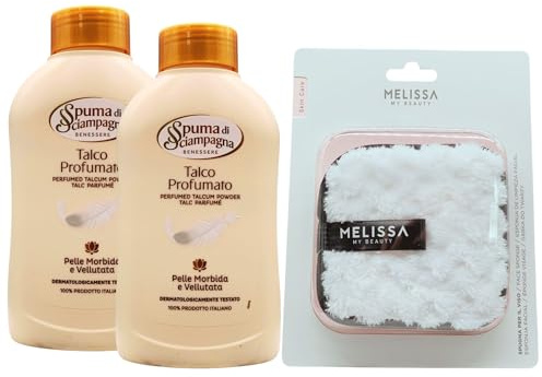 SET: Talco Profumato, Pelle Morbida e Vellutata, 100% Origine Naturale, Senza Conservanti 200g + Spugna Per Il Viso (2 Barattoli+Spugna)