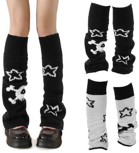 Nogeqi Star Black Leg Warmers for Girls,Skelanimals Leg Warmers Y2k,Gothic Skull Print Legwarmers,Wear Both Sides Kawaii Legs Warmer Fluffy,Gothic Accessory for Women and Girl (Double-Sided)