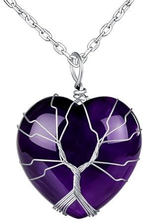MicVivien Ädelsten hjärta halsband för kvinnor, livets träd tråd inslagen kristall hänge kvarts natursten berlock med rostfritt stål kedja silverhalsband smycken för mamma flickor, pendant: 3.9 x 3 cm
