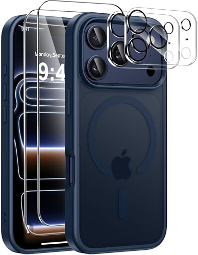 ivencase Magnétique Coque pour iPhone 17 Pro avec 2 Verres Trempés et 2 Caméra Protecteur, Compatible MagSafe Dos Anti Rayures Étui Antichoc TPU Bumper Housse pour iPhone 17 Pro 6,3 - Bleu Foncé