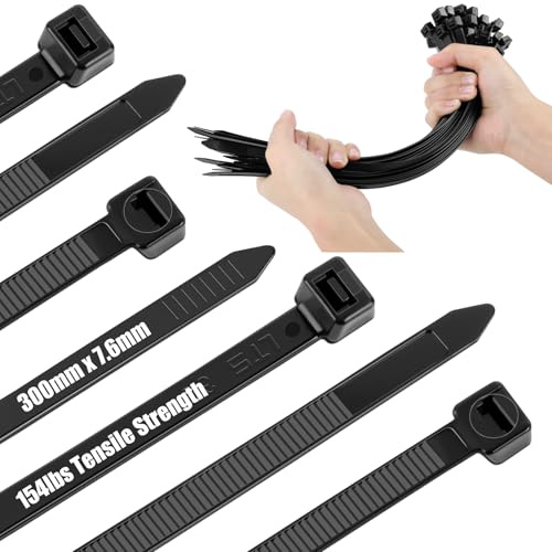 Kabelbinder Schwarz, 300mm × 7,6mm, Kabelbinder Wiederverschließbar, Verbreitert und Verdickt, Zugfestigkeit 70 kg, UV-beständig, Verstellbare NylonKabelbinder (100 Stück)
