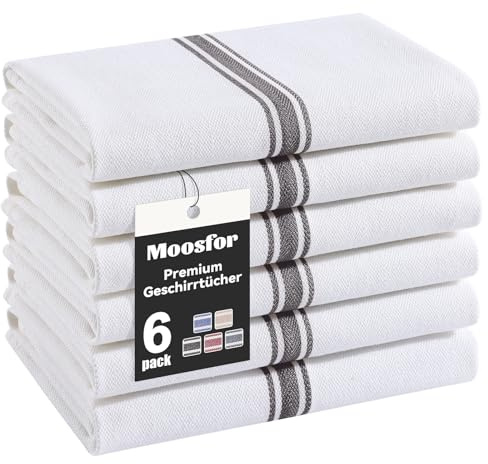 Moosfor Premium Geschirrtücher 100% Baumwolle 6er Set 38 x 64 cm Schwarz | Saugstarke & Langlebige Küchentücher, Oeko-TEX Zertifizierte Weiche Dicke Geschirrhandtücher spültücher, Gastronomiequalität