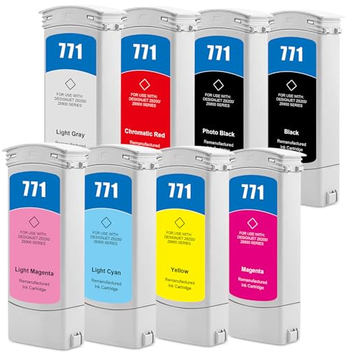 Yongairuink Remanufactured 771 Plotter Dye Ink Cartridges Compatible with HPQ Z6200 Z6600 Z6800 Printer (8 Pack, BK, PBK, LC, LM, Y, M, LG, CR)