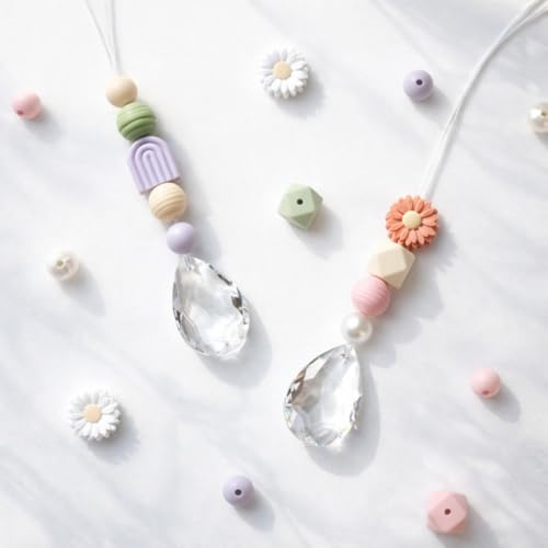 10x DIY Bastelset Sonnenfänger Lichtfänger Gänseblümchen Grün Lila | kreative Aktivität für Gruppen, mit 38mm Kristall-Anhänger, Silikonperlen-Mix, ca. 40m Faden