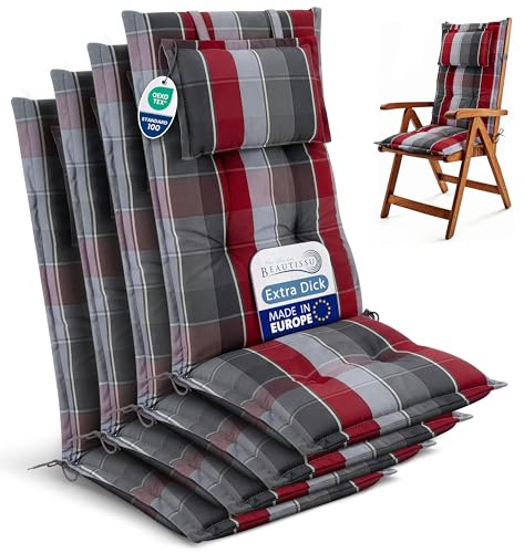 Beautissu 4er Set Gartenstuhlauflagen Hochlehner Sitzpolster robuster Stoff | 120x50cm Grau Rot Hellblau Kariert 7cm Polster Sitzauflagen Gartenmöbel UV-Lichtecht Gartenstuhl Auflagen Garten HighLux HL