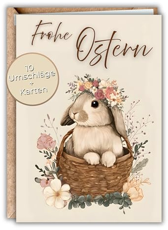 HIDEBLOOM - Osterkarten Klappkarten Set Osterhase - 10 Stück I DIN A6 (10,5 cm x 14,8 cm) - Osterkarten Set mit Umschlägen - Grußkarten Ostern Klappkarte Hase mit Blumenkranz