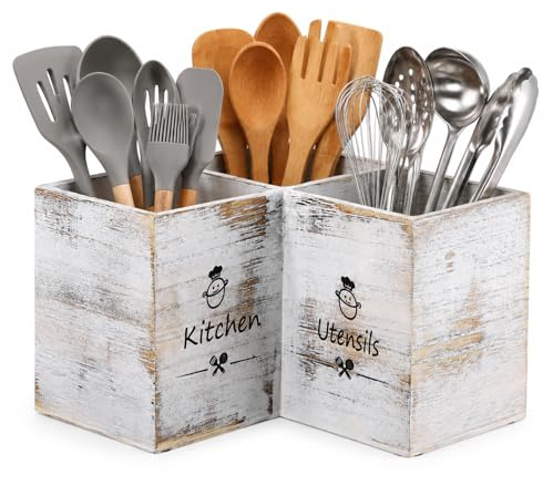 Voency Kitchen Utensil Holder,Farmhouse Utensil Organiser with 3 Compartment,Cutlery Caddy Drainage Bottom,Utensil Holder Wooden Kitchen Cooking Tools Storage for Countertop,Forks Spoons Cutters