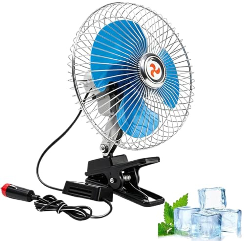 12V/24V Lorry Fan Metal Clip On Car Fan Adjustable Speed Oscillating Truck Cabin Cooling Fan with Strong Base Clamp for Sun Visor Handle Rearview Mirror Blue 6 Inch (8in 12V)