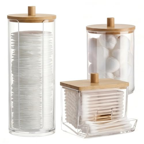 WZHHDM 3PCS Cotton Pad Holder, Cotton Wool Pad Holder, Cotton Pad Dispenser With Bamboo Lid For Vanity Cotton Ball Qtips Makeup Storage Organiser Cosmetic Storage Box