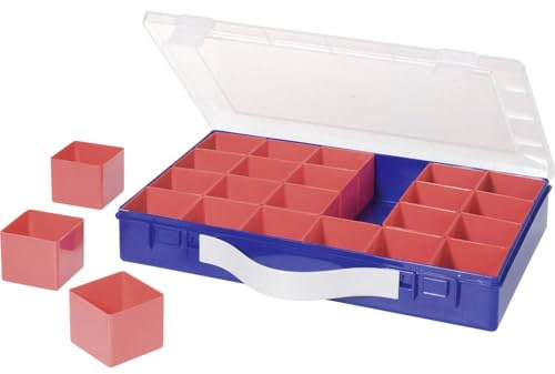 hünersdorff Sortimentskasten PP-Premium mit 24 Einsatzboxen | Tragegriff | stabile Sortierbox für Schrauben und andere Kleinteile | herausnehmbare Einsätze | 22,5 x 33,5 x 5,5 cm, blau