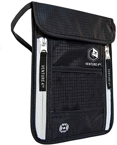 Reise Brustbeutel Brusttasche Reisegeldbeutel mit RFID-Blockierung - Ideal zum Verstauen von Reisepass und Wertsachen (Schwarz)