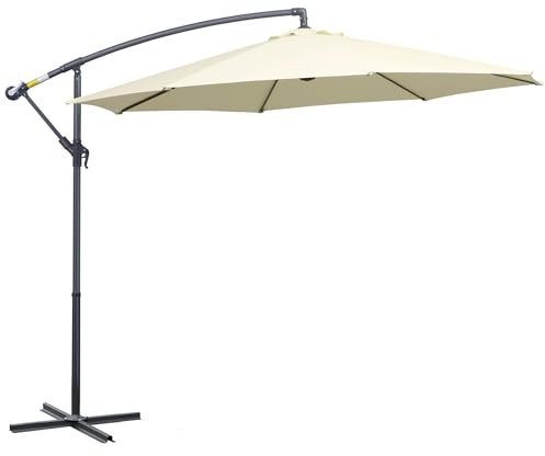 Outsunny Ombrellone Decentrato Ø3x2.5 m con Base a Croce e Manovella, Ombrellone da Giardino Inclinabile in Metallo e Poliestere a Stecche, Ombrellone da Esterno Resistente ai Raggi UV, Beige