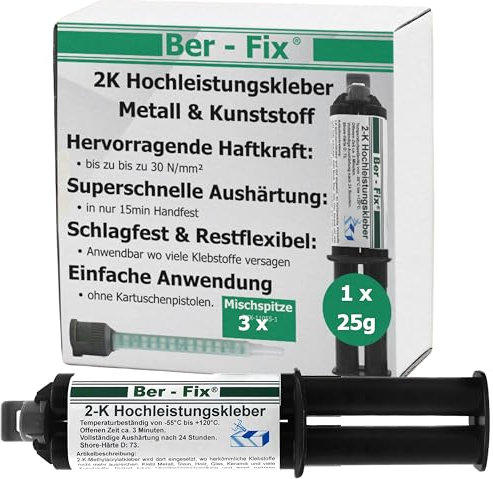 Ber-Fix 25g 2K Hochleistungskleber EXPRESS 3 Min 2K Kleber Kunststoff Metallkleber Extra Stark + 3 Spitzen Metall Pvc GfK Holz Epoxid Harz frei auch als Kunststoff Spachtelmasse verwendbar