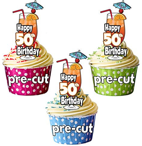 AK Giftshop Happy 50th Birthday Cocktail Glass - Precut Edible Cupcake Toppers/Cake Decorations - Mens - Ladies - Celebrations - Party (Pack of 12)