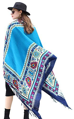 DANA XU Pashmina-Schal für Damen, 100 % Merinowolle, 243,8 x 109,2 cm, übergroßer Kaschmir-Wickel mit Quasten, Blumenmuster, Reisedecke, Umhang, Marineblauer Himmel-Stammesrahmen, 96*43 INCHES