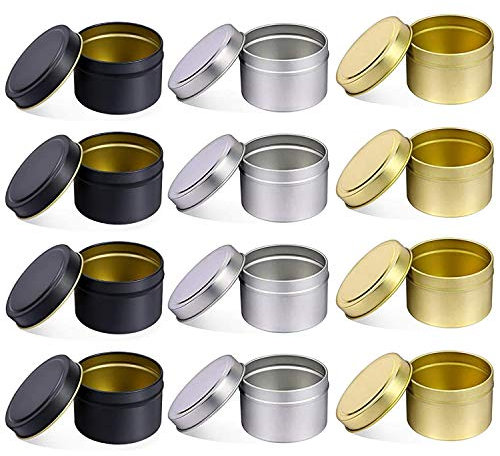 Ljustakbehållare med lock, 12 st 150ml dekorativa runda metallljusburkar stora, återanvändbara ljusglas för gör-det-själv-ljus, där konst hantverk levereras (150ml, 4st svart+4st silver+4st guld)