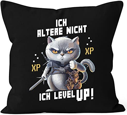 MoonWorks® Kissen-Bezug Deko-Kissen Gaming ich altere Nicht ich Level up! Zocker Sprüche Fun-Shirt Katze Cat Videospiele lustig schwarz 40cm x 40cm