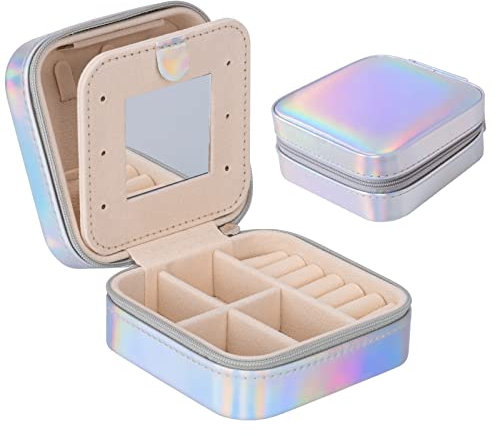 Darbermu Mini Portable Jewellery Organiser, Travel Jewellery Case, Leather Double Layer Jewellery Box with Mirror, Rings Earrings Necklace Gift Box for Girls & Women