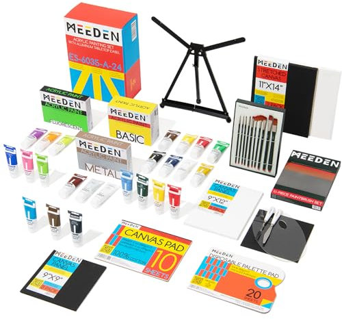 MEEDEN Deluxe Acryl Malset mit 24×120ML Acrylfarben, Aluminium Tischstaffel, 10 Pinsel, Leinwand Panels und mehr Kunstzubehör für Anfänger, Künstler