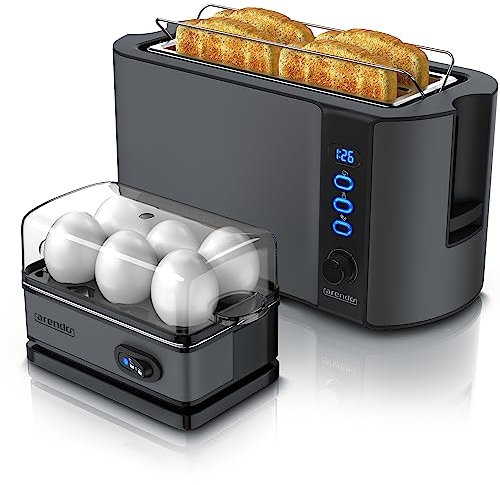 Arendo - SET Eierkocher SIXCOOK mit Toaster FRUKOST Edelstahl Cool Grey, Toaster 4 Scheiben, LED-Display, 6 Bräunungsgrade, Brötchenhalter - Eierkocher 1-6 Eier, Messbecher