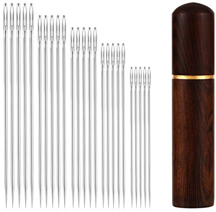 25 Piezas Agujas de Coser de Ojo Grande, Acero Inoxidable Agujas de Tejer Agujas de Coser a mano con Caja de Agujas de Madera de Ébano para Proyectos de Costura (5 Tamaños)