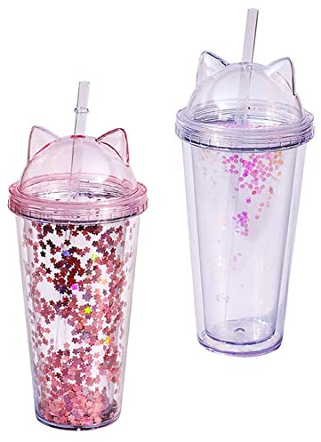 VONGLYHOO Wasserflasche Mit Strohhalm Glitzernder Wasserbecher Doppelschichtiger Wasserbecher Trinkbecher Mit Katzenohr Für Mädchen Geschenk 2 Stück 400–500 Ml Rosa Transparenter Doppelschichtiger