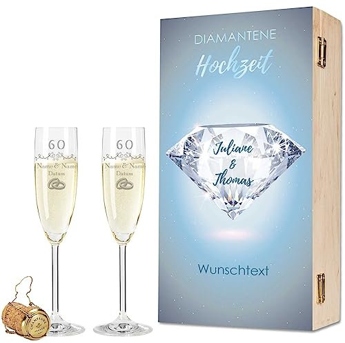 Leonardo - Bicchieri da spumante con incisione – Matrimonio diamantato 60 anni – Personalizzati con nome e data, con scatola di legno, regalo per matrimonio, fidanzamento, anniversario, colore: