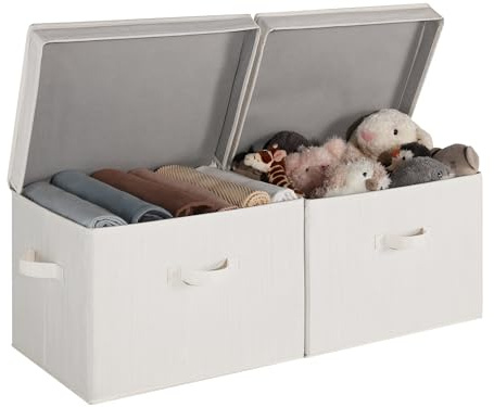 StorageWorks Cajas de almacenamiento con tapa, cestas decorativas de tela con asas para organizar ropa del armario, cajas extra grandes para estanterías, bamboo-strip blanco grisáceo, pack de 2