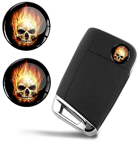 SkinoEu 2 x Ø14mm Skull Schädel Mit Flammen Feuer Totenkopf Schlüssel Emblem Aufkleber Stickers Für Fernbedienung Auto Moto Logo Key Badge Tuning KSK 14