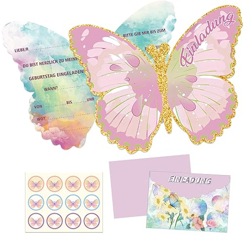 Seasboes Einladungskarten 12 Stück, Deutsch Schmetterling, Kindergeburtstag | 12 Stück Deutsch Schmetterling Einladungskarten, Party Invitation Cards, Schmetterling Party Einladung Karte