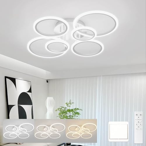 KeLuKes 80cm Moderne Led Deckenlampe Schlafzimmer, 6-Ring-Deckenlampen-Design, 60W Dimmbar Deckenleuchte mit Fernbedienung, 3000K-6000K, Weiß Küchendeckenlampe