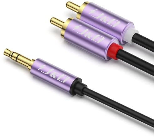 J&D Câble Audio Stéréo 3,5mm Mâle à 2 RCA Phono Mâle, Adaptateur Audio RCA Plaqué or, Coque en Alliage d'Aluminium, Violet, 1.8 M