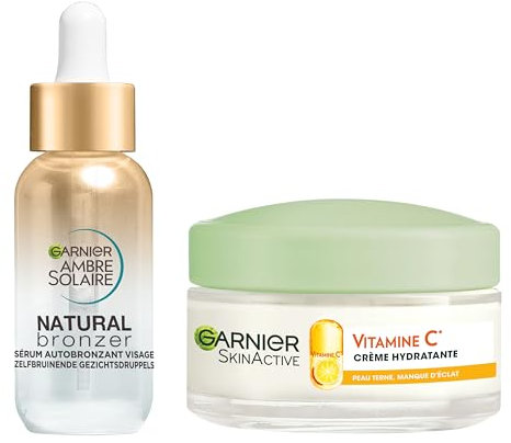 GARNIER - Routine Hydratation & Éclat - Sérum Autobronzant Ambre Solaire - Acide Hyaluronique & Eau De Coco - Crème Hydratante Bio Skin Active - Vitamine C - Tous Types de Peaux