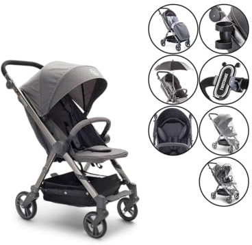 Twistshake 7 in 1 Faltbarer Kinderwagen | Getränkehalter + Handyhalterung + Moskitonetz + Regenschutz + Regenschirmhalter + Kopfstütze + Decke | faltbar - Leichter Kinderwagen | Kinderwagen | Grau