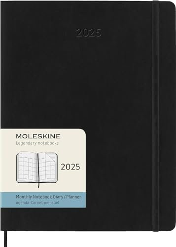 Moleskine Monthly Planner, Agenda Mensile 12 Mesi 2025, Copertina Morbida e Chiusura Elastica, Colore Nero, Formato Extra Large 19x25 cm