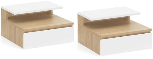 IDMarket - Set aus 2 Wand-Nachttischen TOMI 1 Schublade + 1 Hängeregal + 1 Einlegeboden in Buche und Weiß