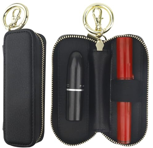 Bocasal Leather Lipstick Case Holder Chapstick Keychain Pouch, Zipper Lip Balm Lip Gloss Bag for Purse with Key Chain Elastic Band, Makeup Travel Organizer Cosmetic Storage Kit for Women Girls (Black)